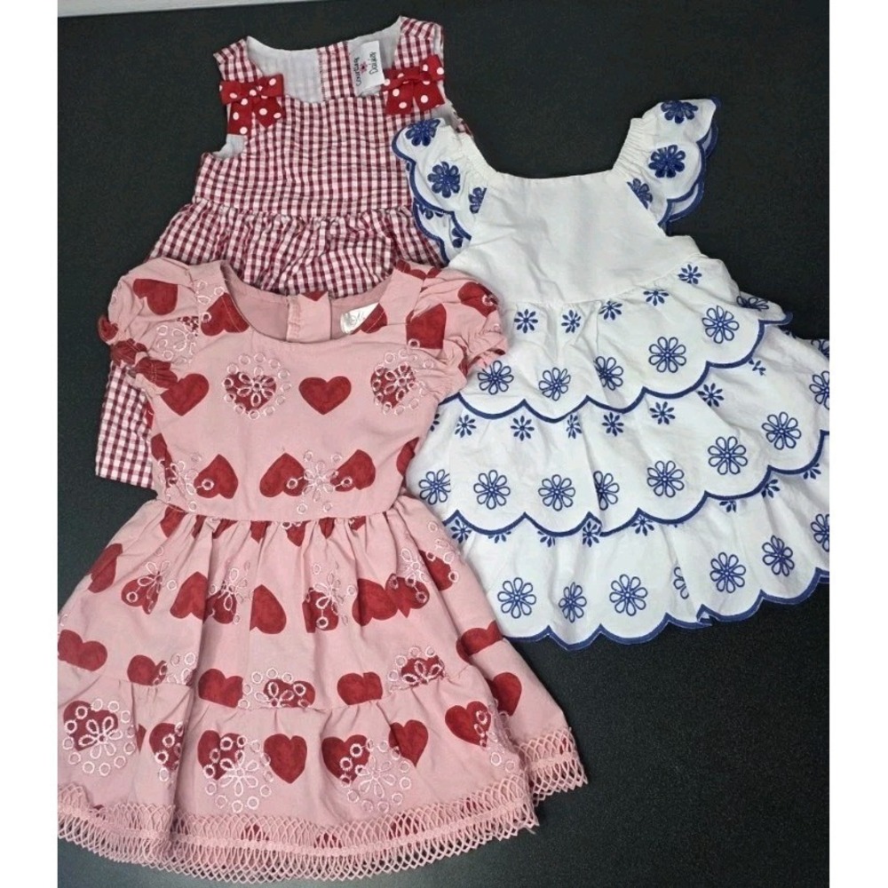 3 Counting Daisies Red Strawberry Dress Embroidered Cottage Tiered Heart 12/18m